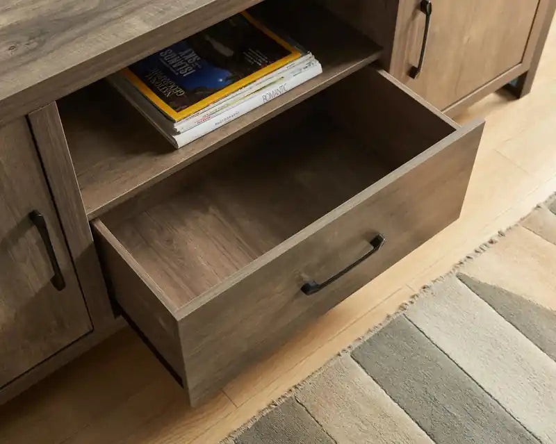 Meuble TV moderne de 64 po avec rangement et gestion des câbles pour téléviseurs jusqu'à 70 po - Noisette