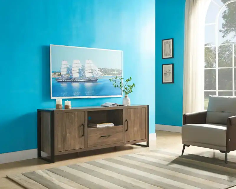 Meuble TV moderne de 64 po avec rangement et gestion des câbles pour téléviseurs jusqu'à 70 po - Noisette