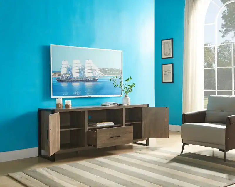 Meuble TV moderne de 64 po avec rangement et gestion des câbles pour téléviseurs jusqu'à 70 po - Noisette