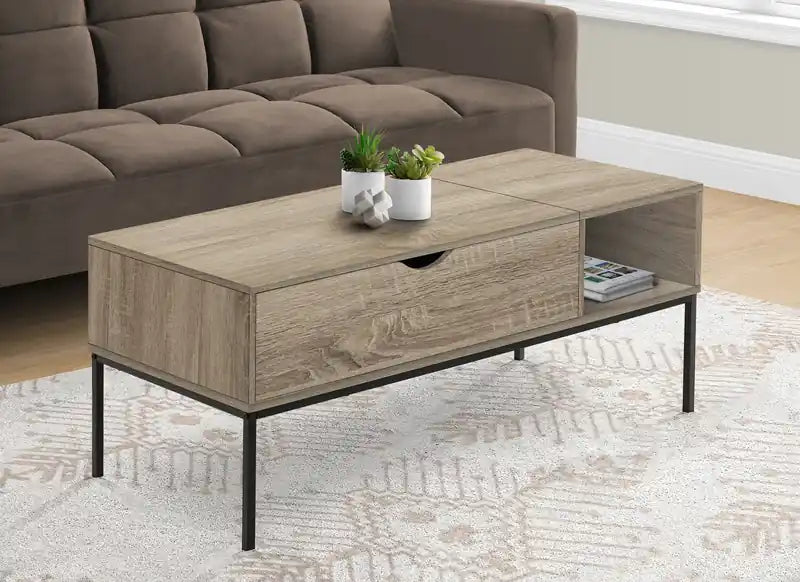 Table basse relevable moderne 42 po avec rangement – Taupe avec pieds en métal noir