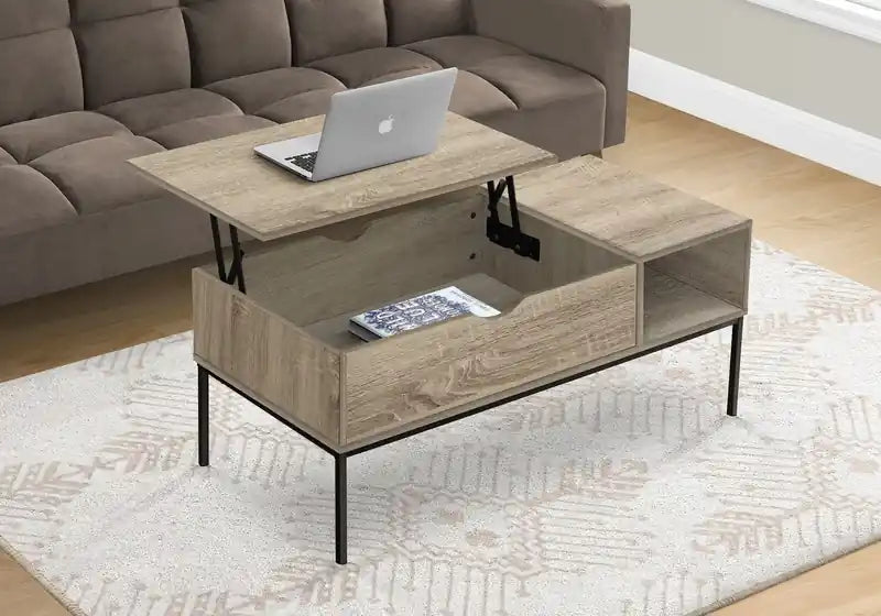Table basse relevable moderne 42 po avec rangement – Taupe avec pieds en métal noir