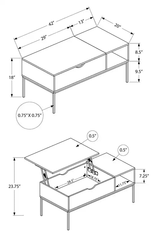 Table basse relevable moderne 42 po avec rangement – Taupe avec pieds en métal noir