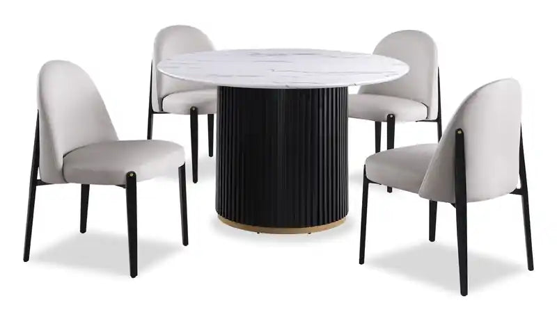Table de salle à manger ronde 120 cm avec plateau aspect marbre et touches dorées - Noir/Blanc