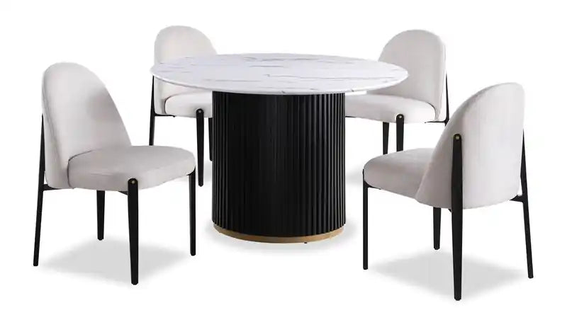 Table de salle à manger ronde 120 cm avec plateau aspect marbre et touches dorées - Noir/Blanc