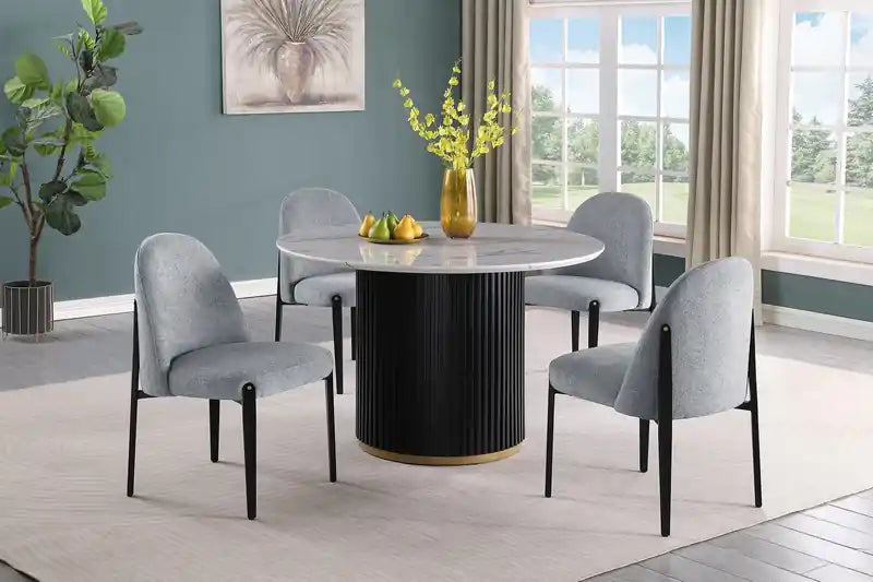 Table de salle à manger ronde 120 cm avec plateau aspect marbre et touches dorées - Noir/Blanc
