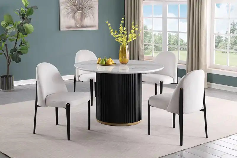 Table de salle à manger ronde 120 cm avec plateau aspect marbre et touches dorées - Noir/Blanc