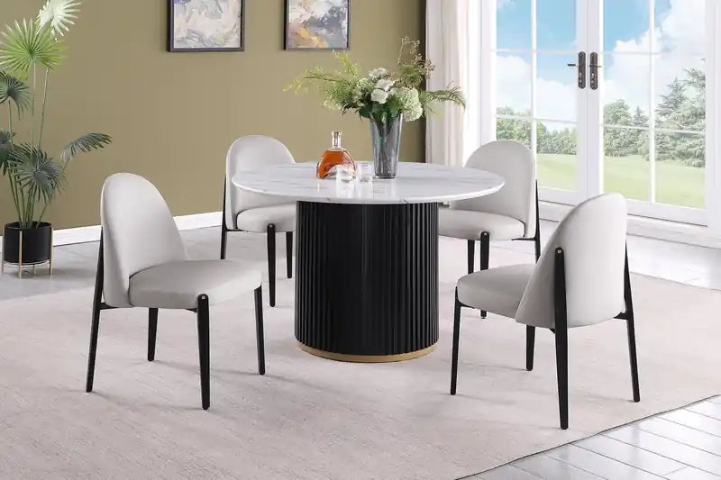 Table de salle à manger ronde 120 cm avec plateau aspect marbre et touches dorées - Noir/Blanc