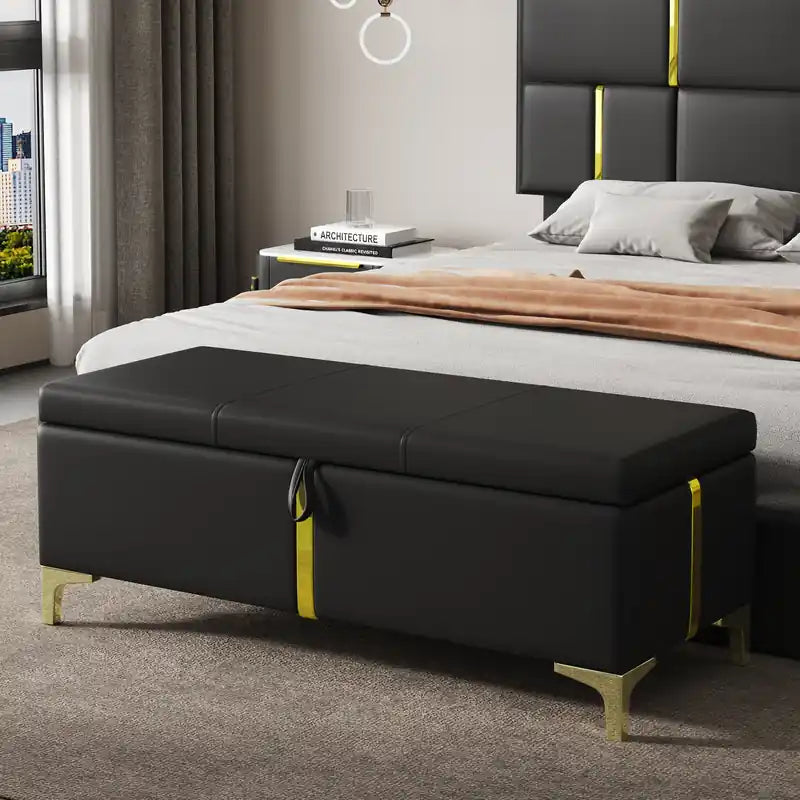 Banc de rangement ottoman en velours doux avec pieds en métal