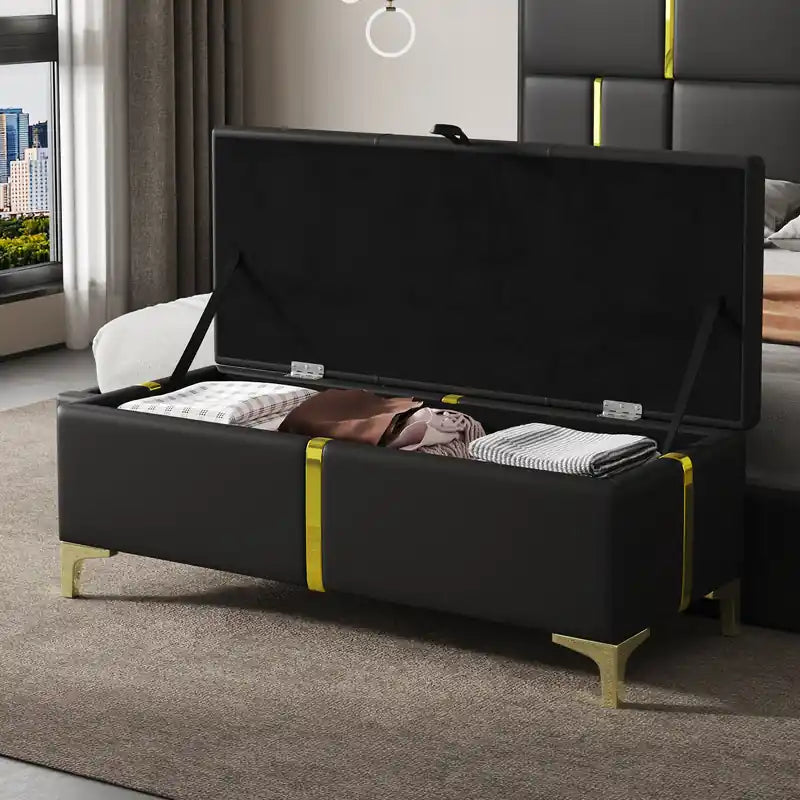 Banc de rangement ottoman en velours doux avec pieds en métal