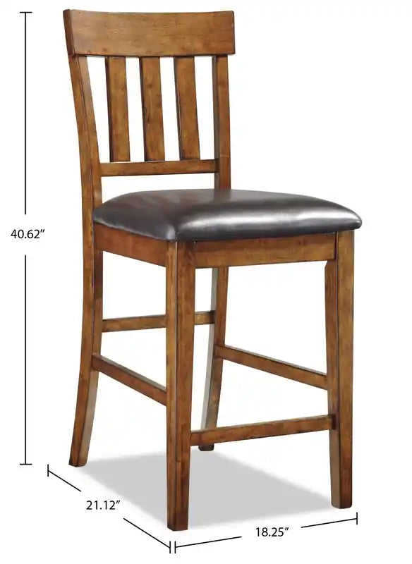 Tabouret de bar avec revêtement en cuir végétal, dossier à lattes, 24 po H