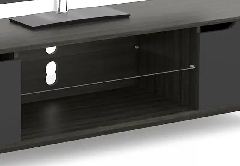 Meuble TV de 59 po avec 2 étagères et 2 portes noires - Bois gris foncé