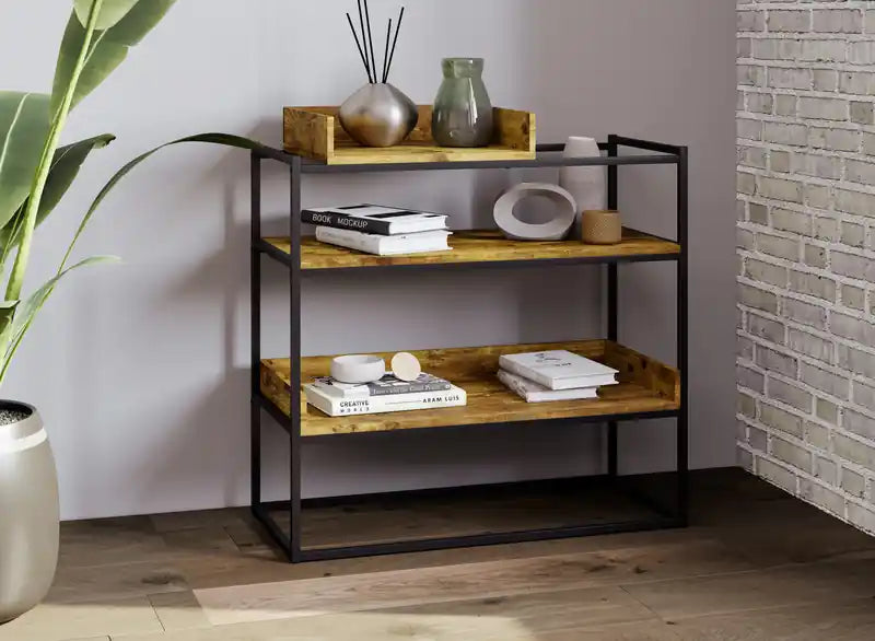 Table console 32 po avec étagère de rangement, bois récupéré marron et métal noir