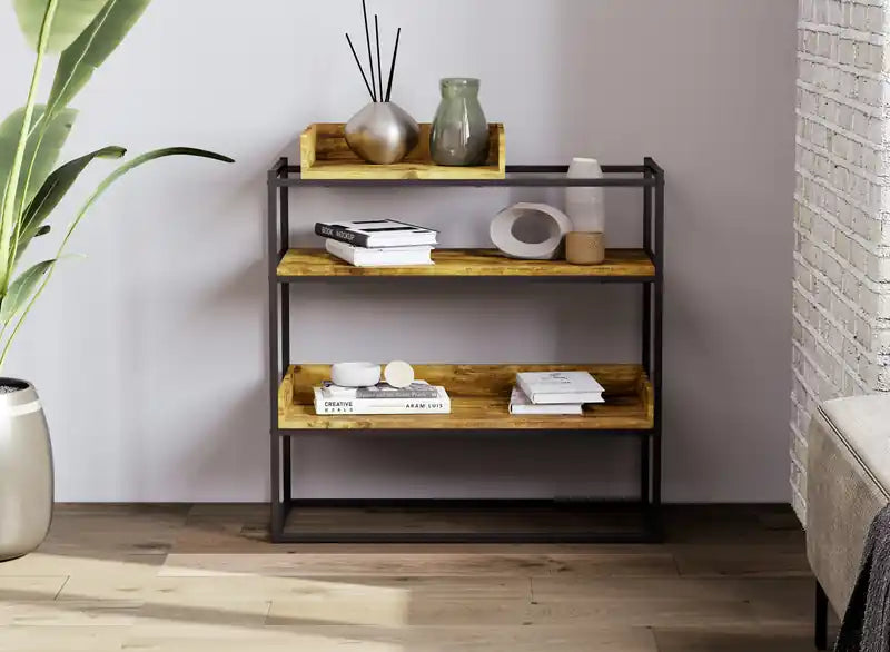 Table console 32 po avec étagère de rangement, bois récupéré marron et métal noir