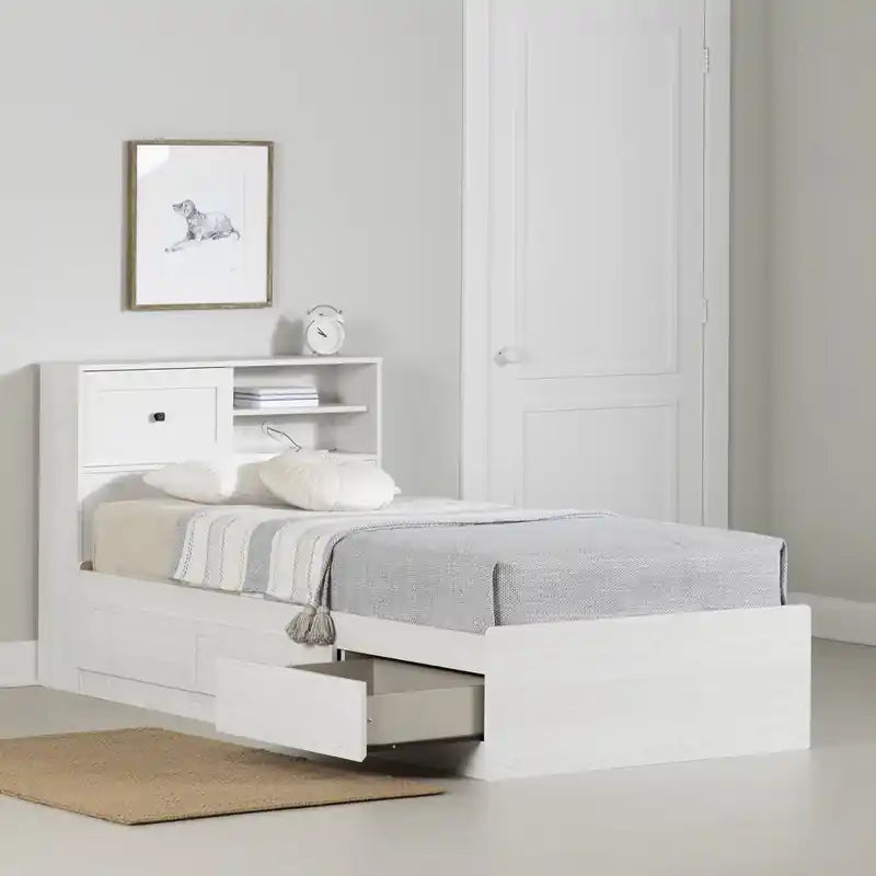 Lit avec 3 tiroirs et tête de lit en pin blanc - Lit jumeau