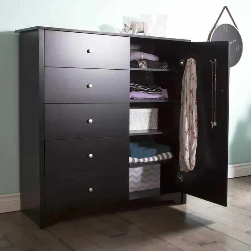 Armoire de rangement 2 portes avec 5 tiroirs - Noir pur