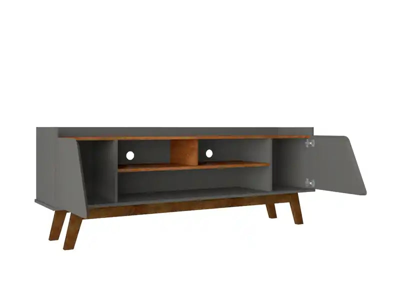 Meuble TV 62,99 po Mid-Century Modern avec pieds en bois massif – Gris et naturel