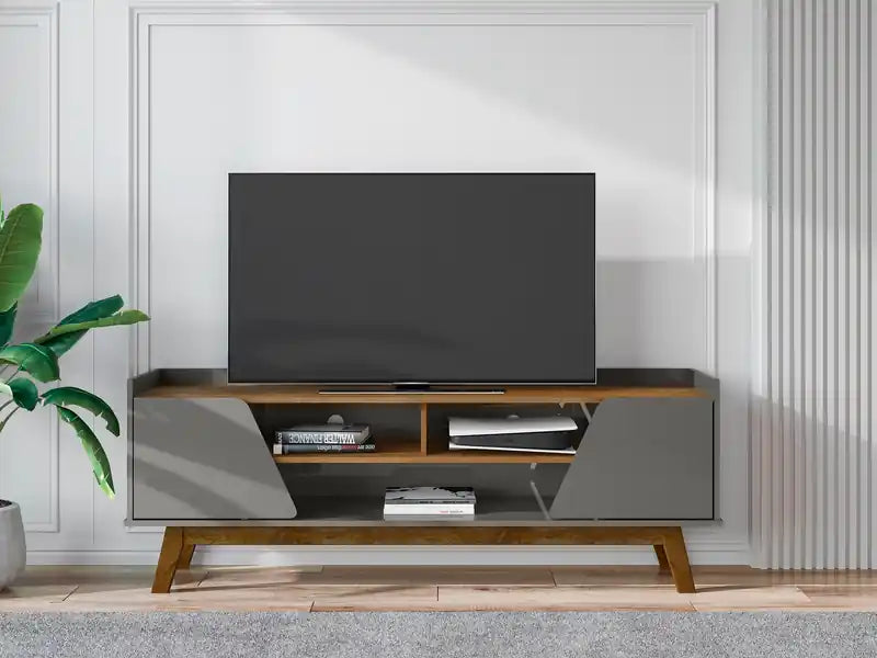 Meuble TV 62,99 po Mid-Century Modern avec pieds en bois massif – Gris et naturel
