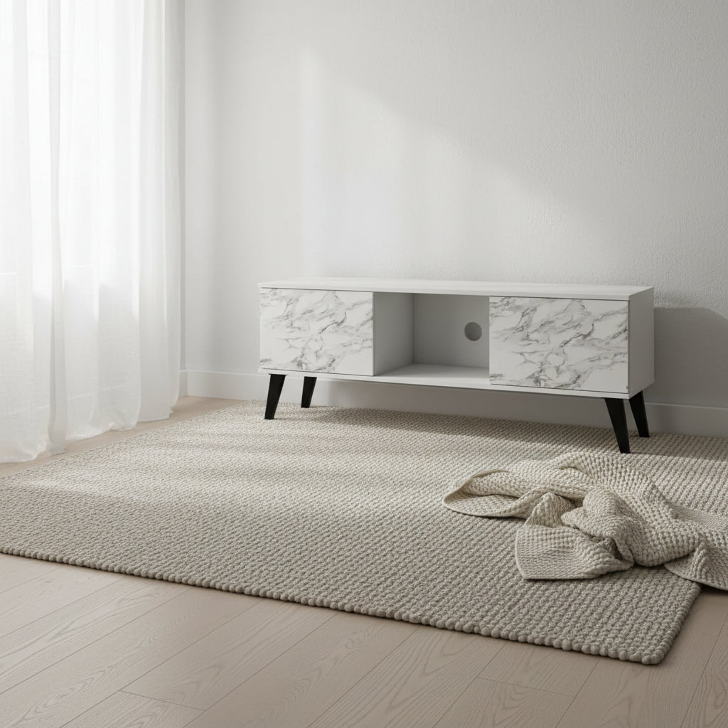 Manhattan Comfort Doyers 53.15 Mid-Century Modern TV Stand - White & Marble Stamp