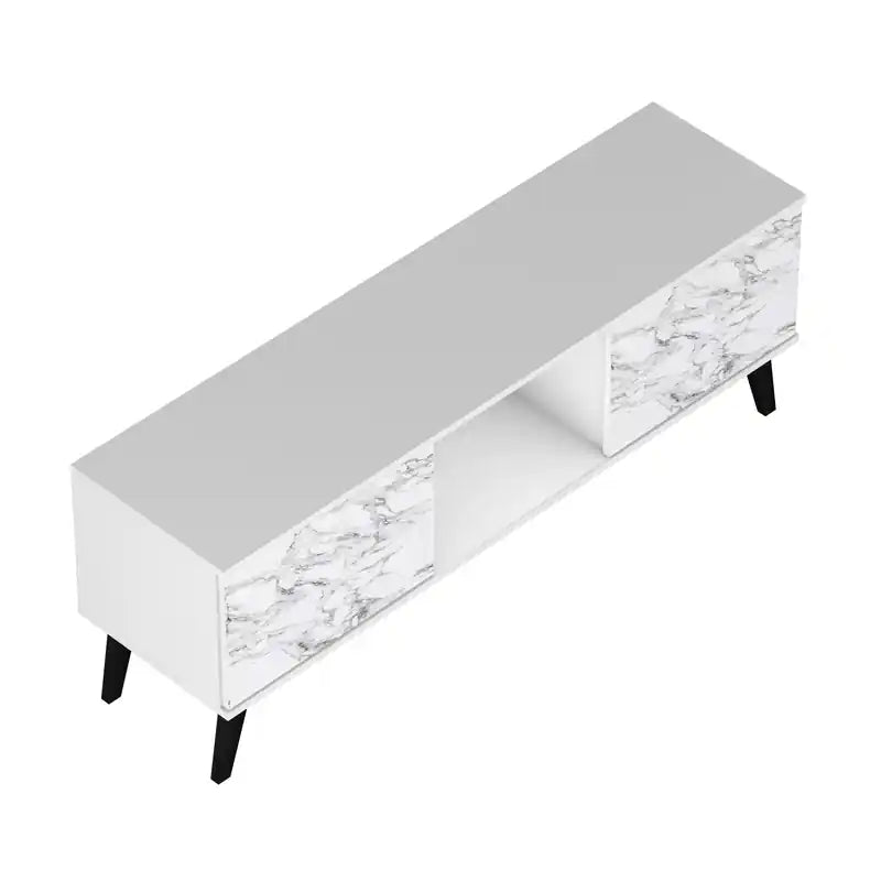 53.15 Meuble TV moderne du milieu du siècle - Blanc et motif marbre