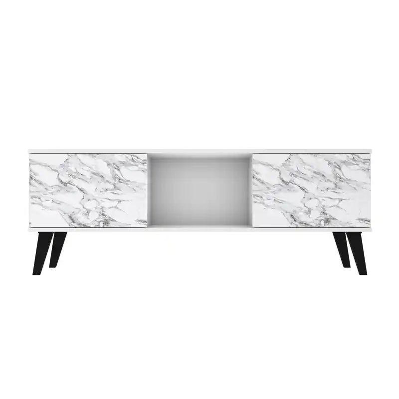 53.15 Meuble TV moderne du milieu du siècle - Blanc et motif marbre