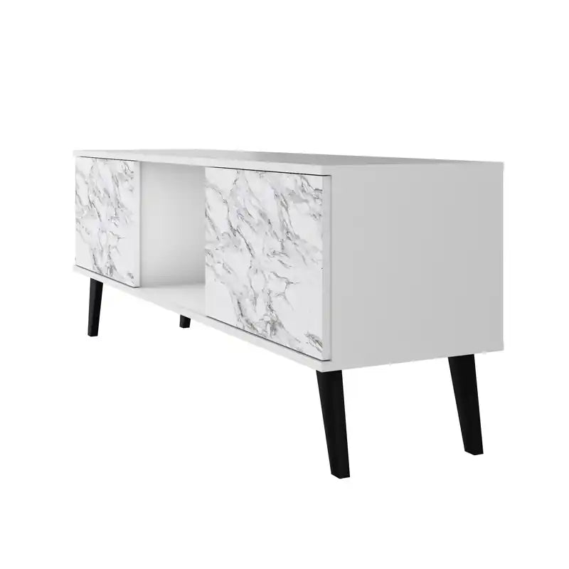 53.15 Meuble TV moderne du milieu du siècle - Blanc et motif marbre