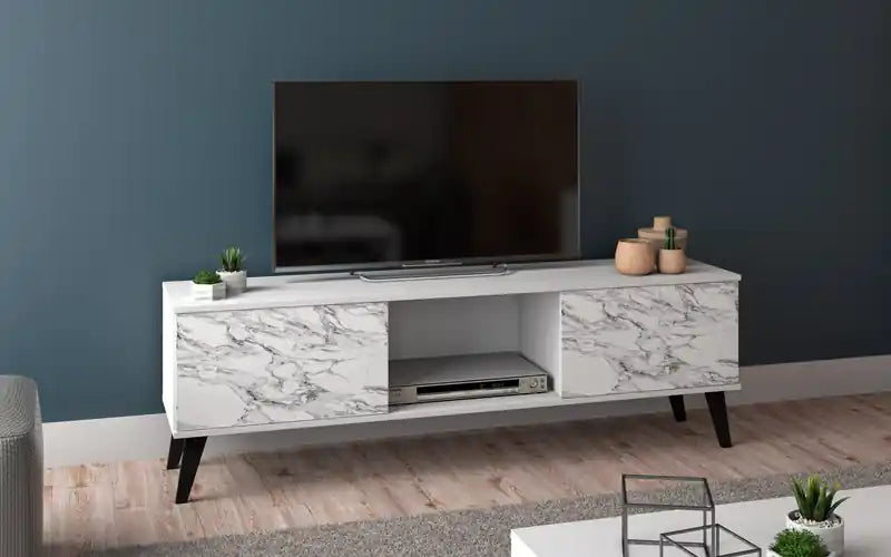 53.15 Meuble TV moderne du milieu du siècle - Blanc et motif marbre