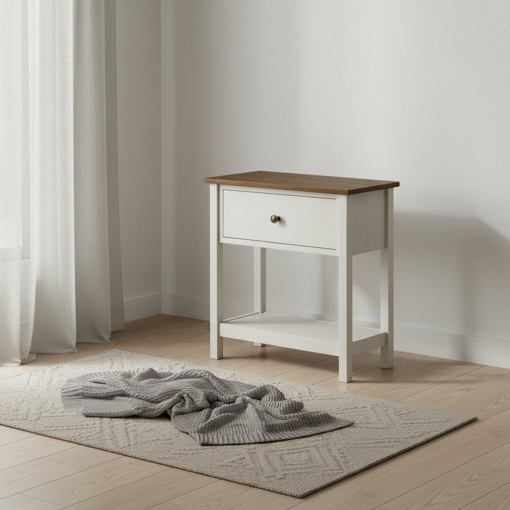 Accent Side End Table 2-Tier Narrow Bedroom Storage Drawer Antique White Brown Veneer Transitional