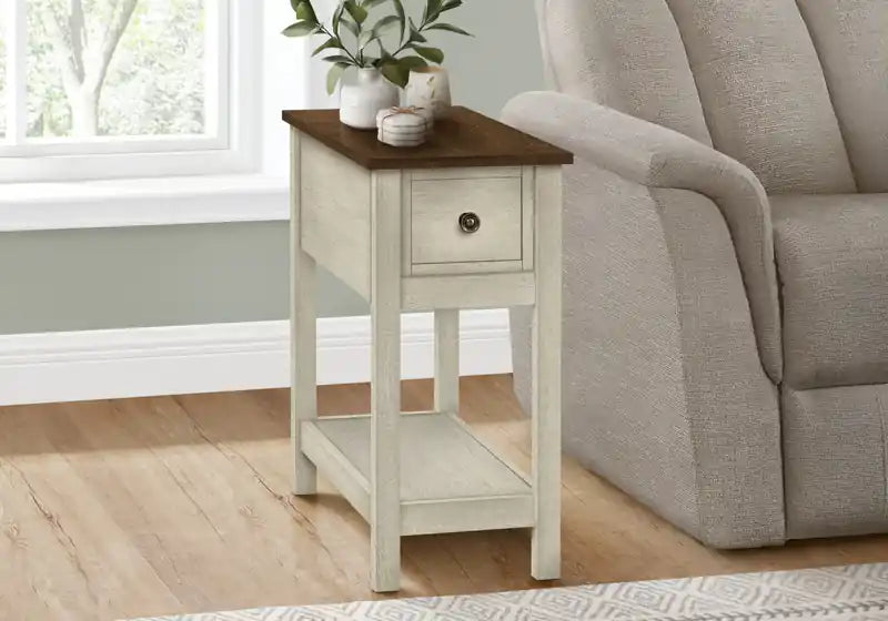 Table d'appoint Accent à 2 niveaux pour chambre à coucher, tiroir de rangement étroit, placage marron blanc antique, style transitionnel