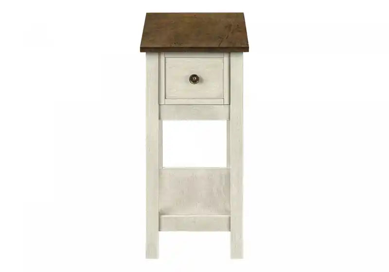 Table d'appoint Accent à 2 niveaux pour chambre à coucher, tiroir de rangement étroit, placage marron blanc antique, style transitionnel
