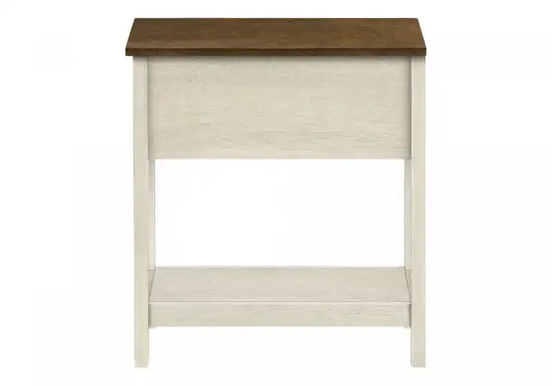 Table d'appoint Accent à 2 niveaux pour chambre à coucher, tiroir de rangement étroit, placage marron blanc antique, style transitionnel