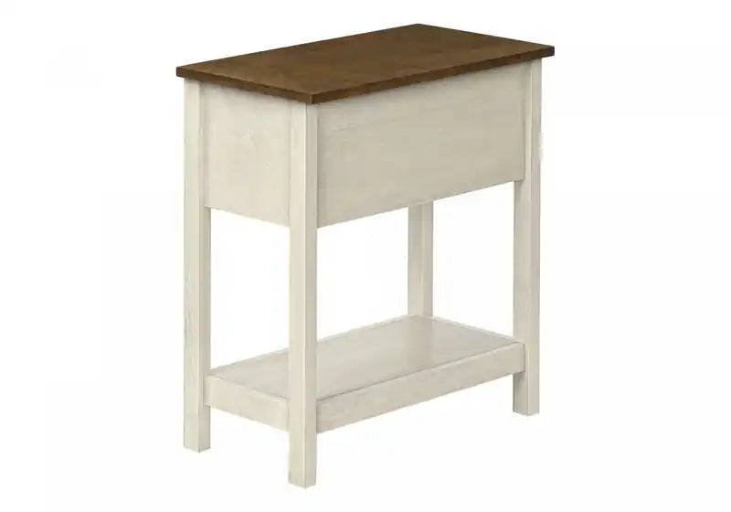 Table d'appoint Accent à 2 niveaux pour chambre à coucher, tiroir de rangement étroit, placage marron blanc antique, style transitionnel
