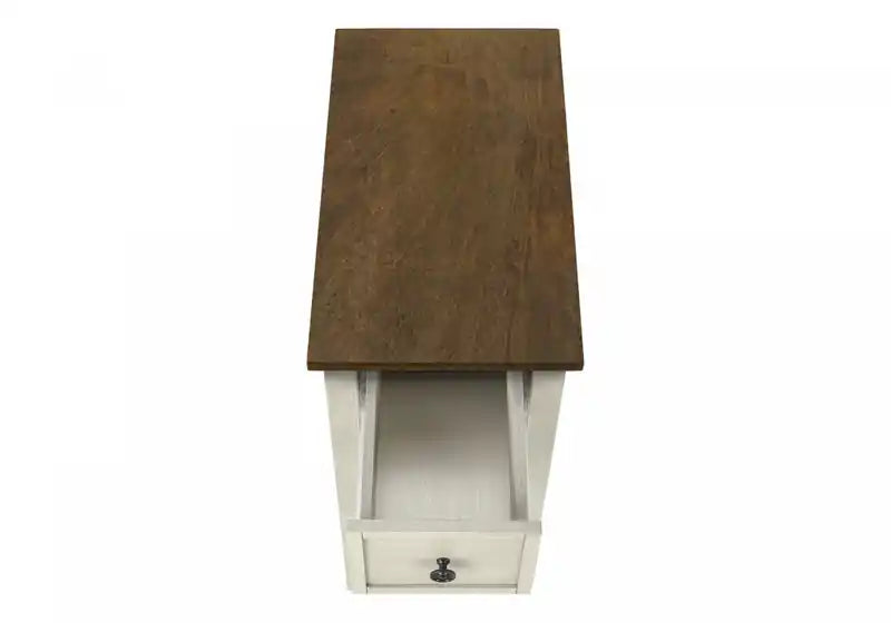 Table d'appoint Accent à 2 niveaux pour chambre à coucher, tiroir de rangement étroit, placage marron blanc antique, style transitionnel