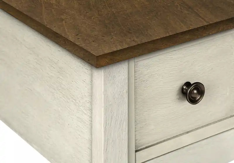 Table d'appoint Accent à 2 niveaux pour chambre à coucher, tiroir de rangement étroit, placage marron blanc antique, style transitionnel