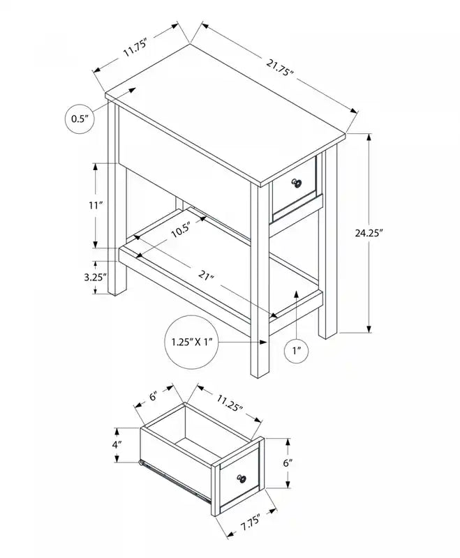 Table d'appoint Accent à 2 niveaux pour chambre à coucher, tiroir de rangement étroit, placage marron blanc antique, style transitionnel