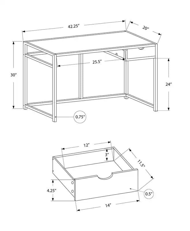 42.25 Bureau avec tiroir - Blanc/Argent