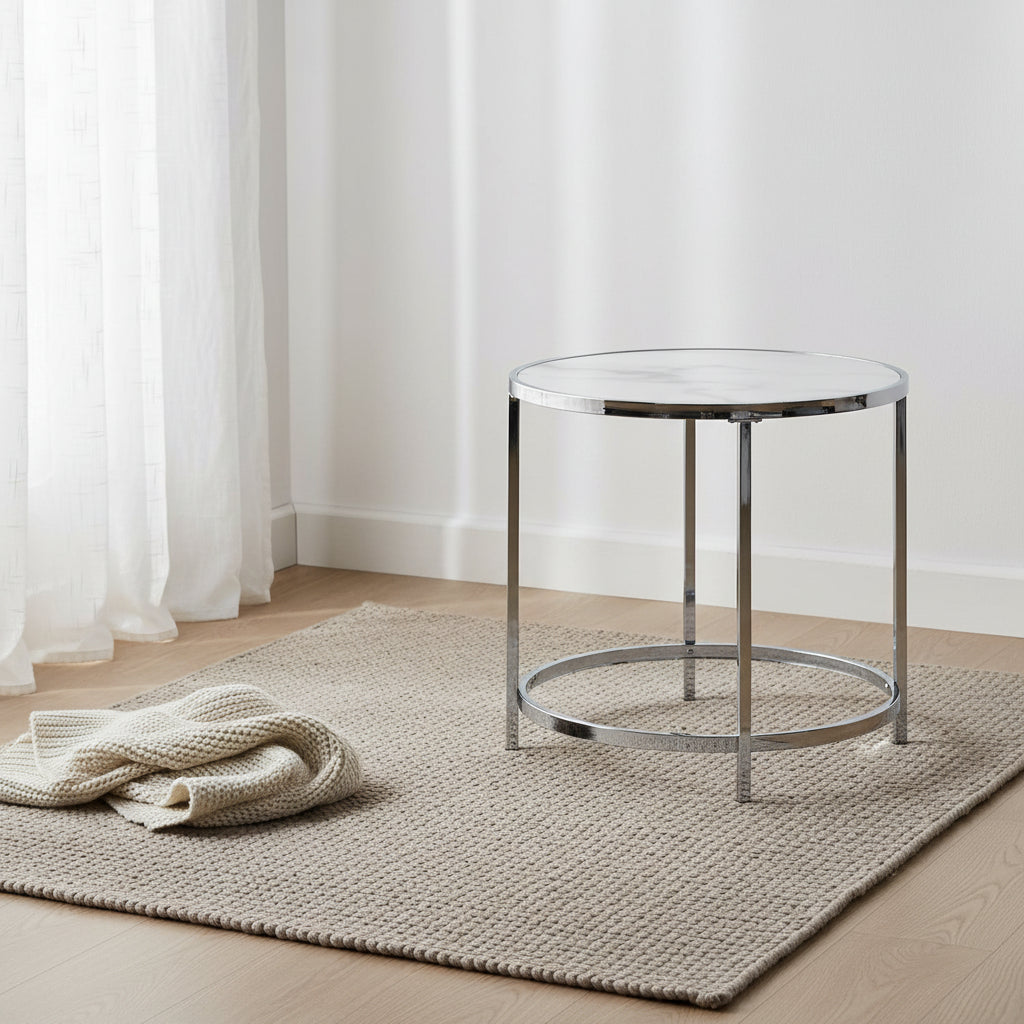 Josie 24 Glam Round Glass Top End Table with Casters - Grey Marble Look with Metal Legs