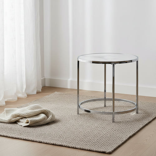 Josie 24 Glam Round Glass Top End Table with Casters - Grey Marble Look with Metal Legs