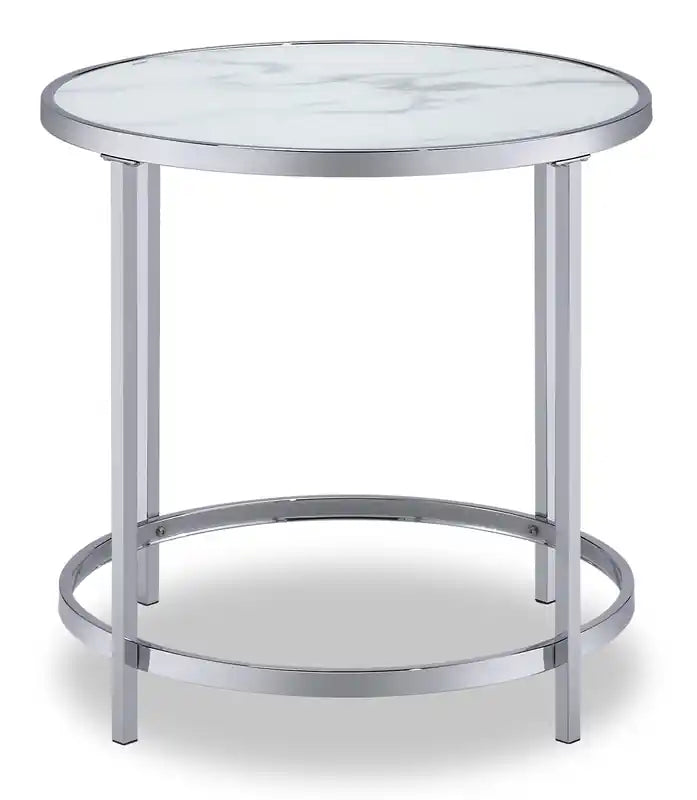 Table d'appoint ronde Glam en verre de 61 cm avec roulettes - Effet marbre gris avec pieds en métal