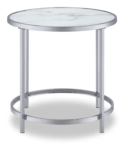 Table d'appoint ronde Glam en verre de 61 cm avec roulettes - Effet marbre gris avec pieds en métal