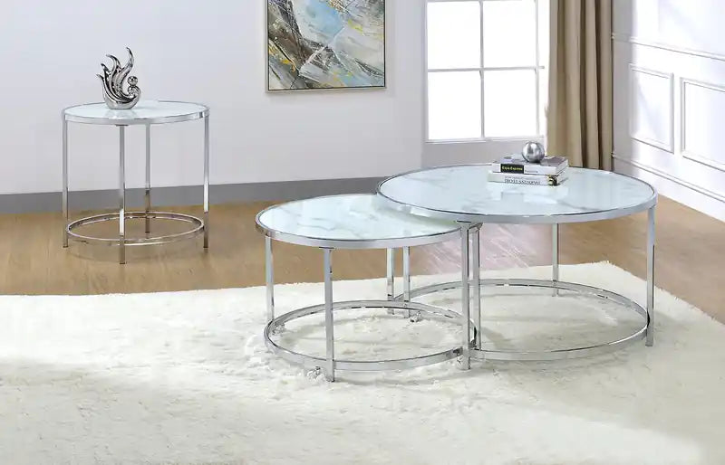 Table d'appoint ronde Glam en verre de 61 cm avec roulettes - Effet marbre gris avec pieds en métal
