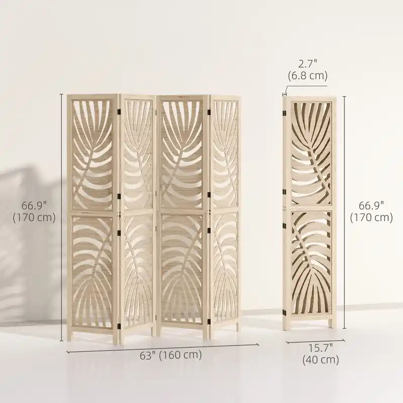 Séparateur de pièce à 4 panneaux, Paravents amovibles, Bois naturel