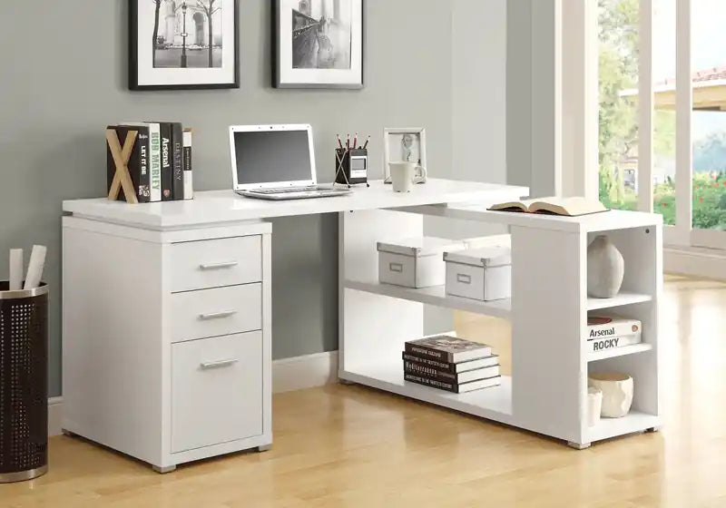 Bureau d'angle en L de 60 pouces avec 3 tiroirs et étagères