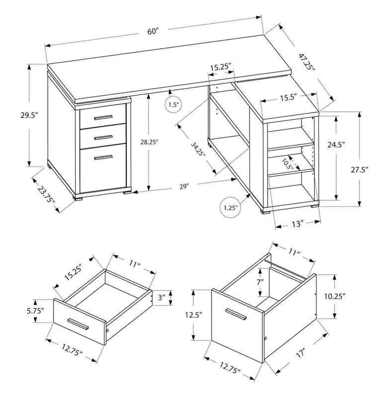 Bureau d'angle en L de 60 pouces avec 3 tiroirs et étagères