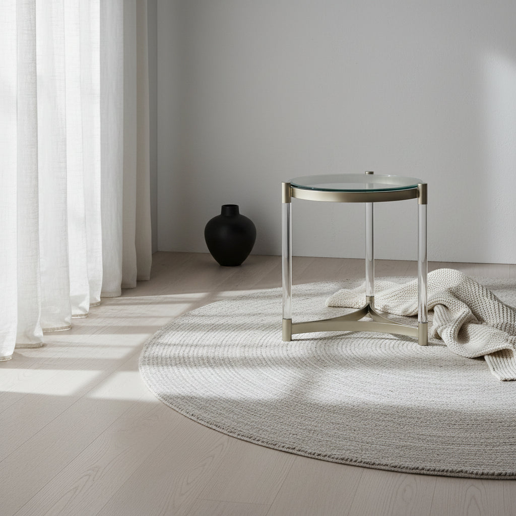 Silas 25.5 Modern Round Glass Top End Table - Platinum with Metal and Acrylic